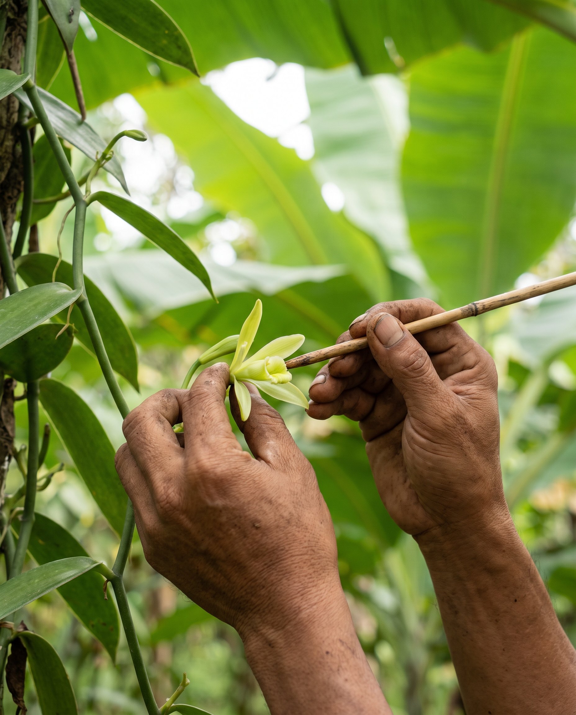 Hands pollinating a vanilla flower with a bamboo stick