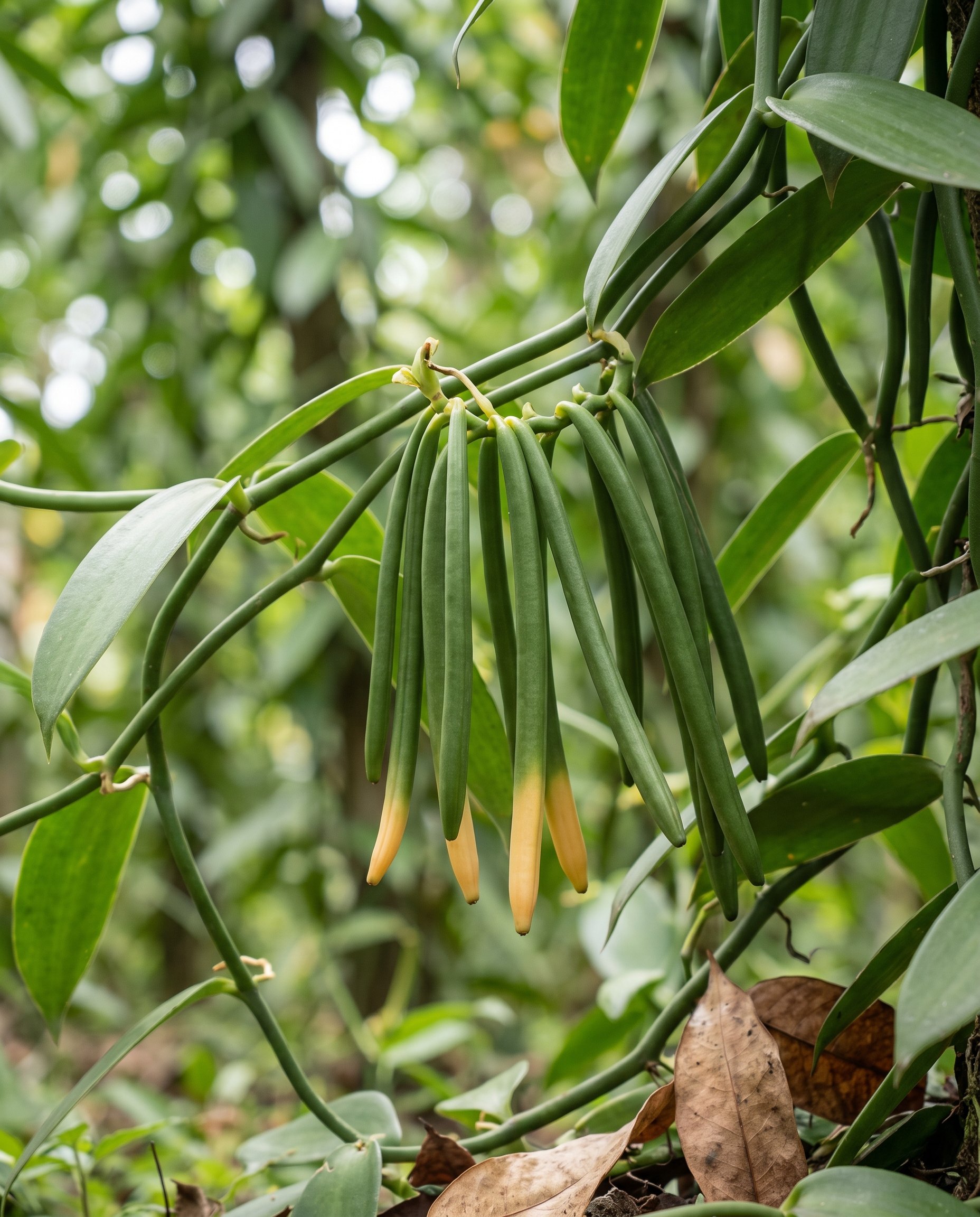 Green vanilla pods with yellow tips, ready to be picked
