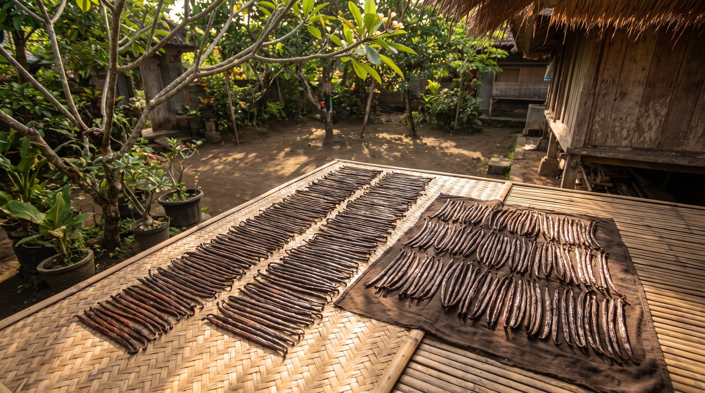 Vanilla beans drying in the sun on a woven mat