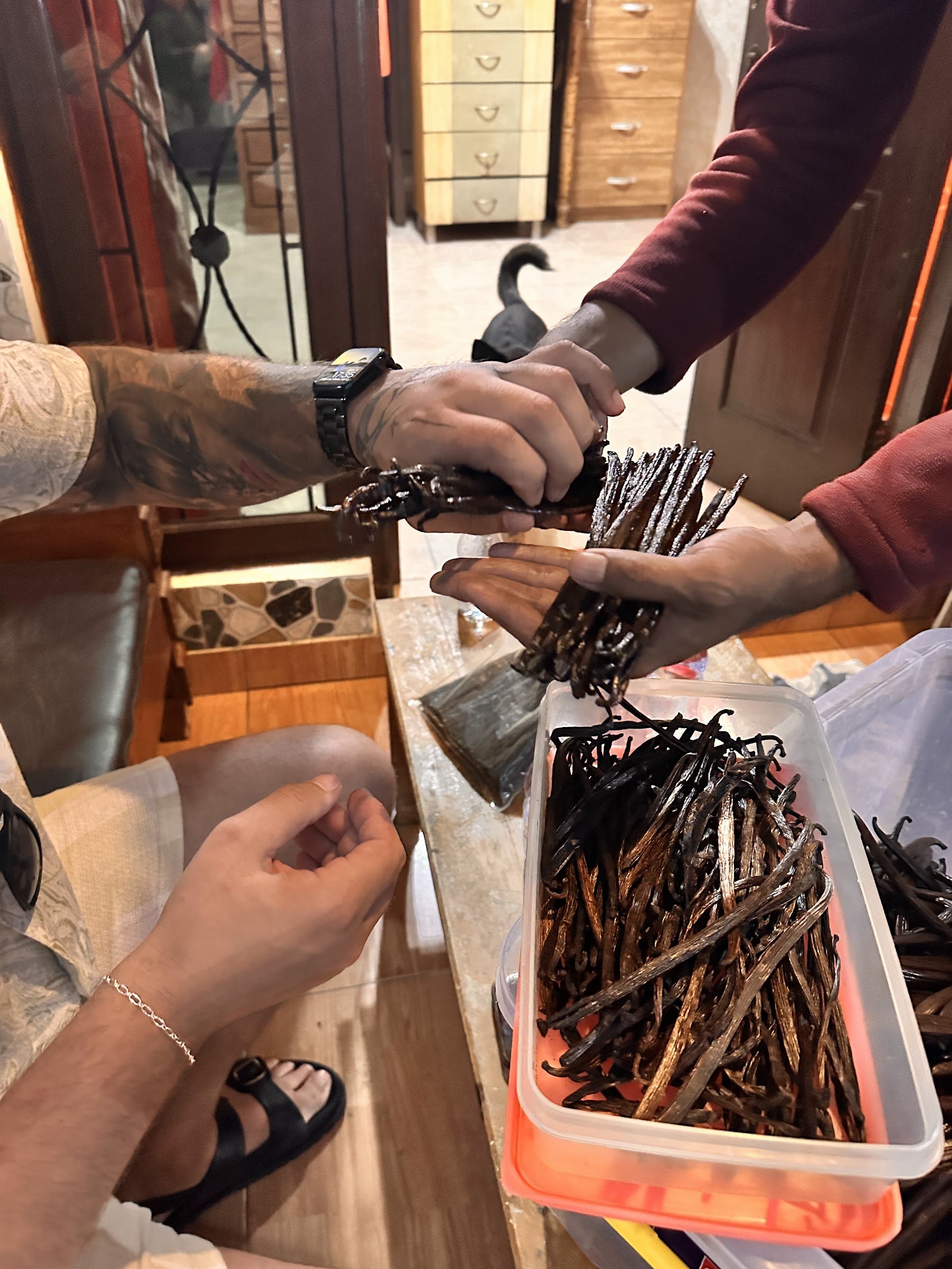 Guests holding and smelling cured vanilla beans at the table